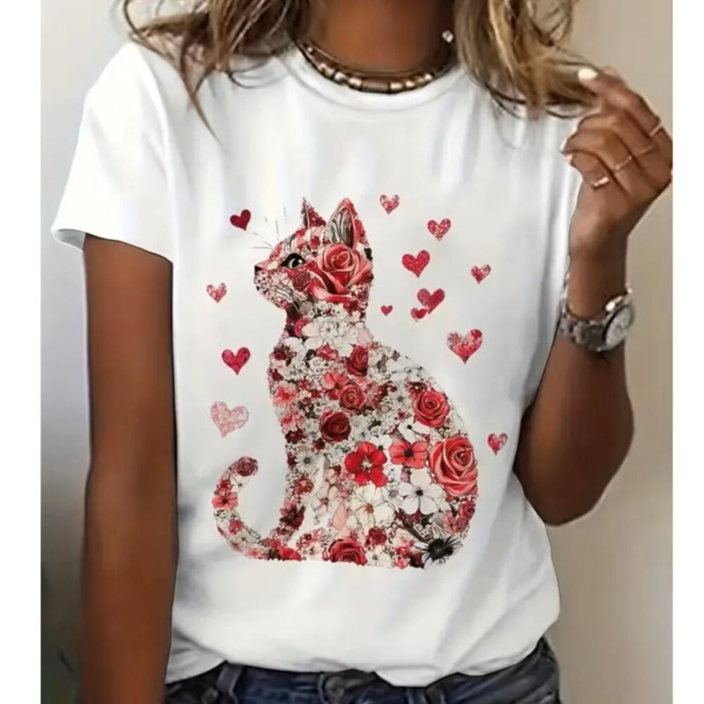 BRAND NEW ~ Women's Pink & Red Roses & Hearts Cat Summer T-Shirt Top ~ M ~ NWT